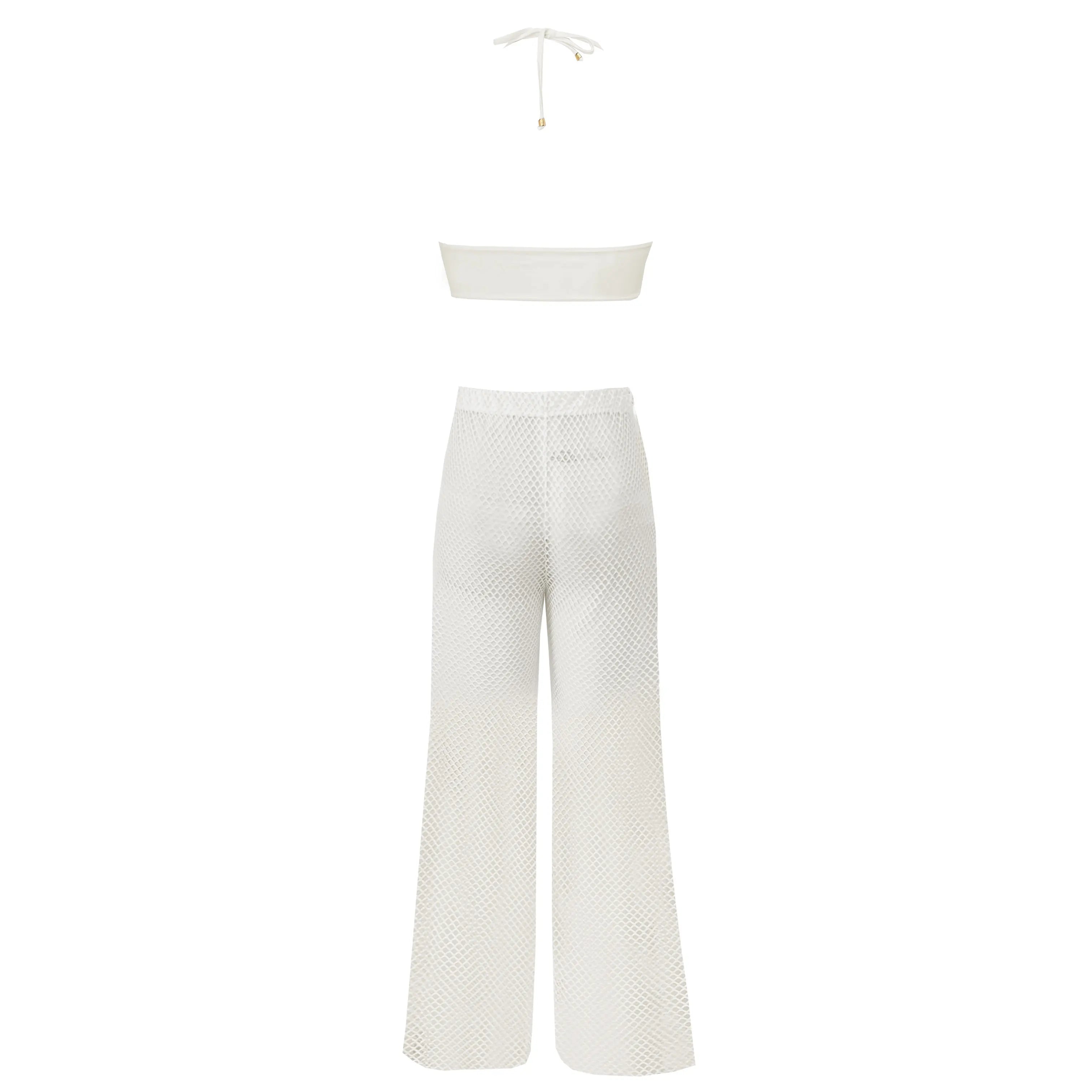 Sexy White Lace Three Piece Women Bikini Set With Pants Lace Bra High Waist Hollow Out Wide Leg Pants Suit Summer Beach Swimsuit