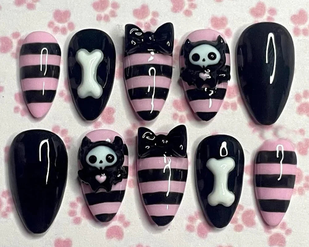Y2K Spice Girls Handmade Note Polka Press On Nails Almonds Customized French Bow All Saints' Day False Nails Gift