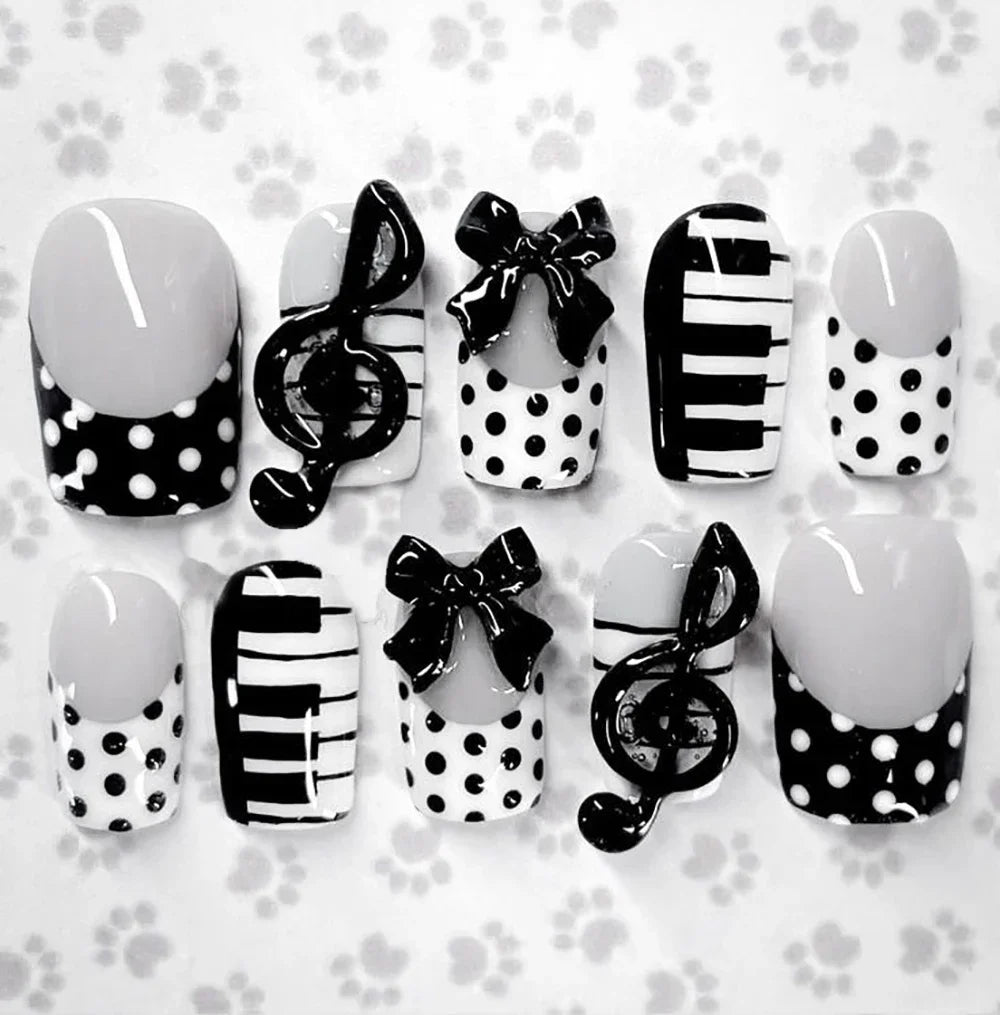 Y2K Spice Girls Handmade Note Polka Press On Nails Almonds Customized French Bow All Saints' Day False Nails Gift