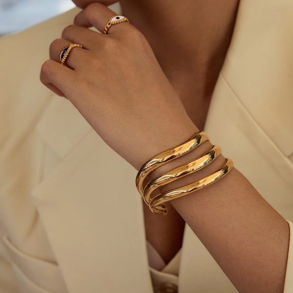 Uworld Minimalist Smooth Hollow Three layer Bracelet 18K Gold Color Plated Stainless Steel Linear Bracelet Women's Jewelry