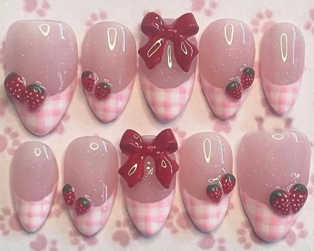 Y2K Spice Girls Handmade Note Polka Press On Nails Almonds Customized French Bow All Saints' Day False Nails Gift