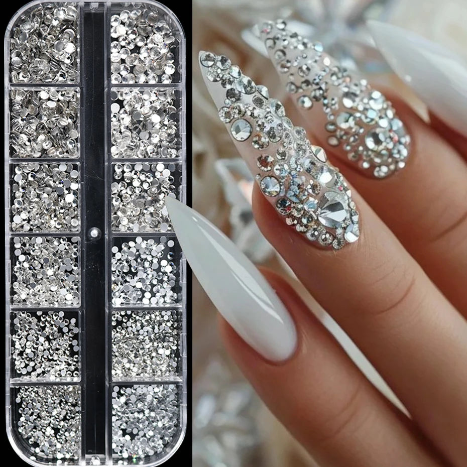 12 Grids Silvery Flat Bottom Rhinestone Nail Charms Shiny Crystal Diamond Sequins for Nails Suitable for Wedding Party Decor