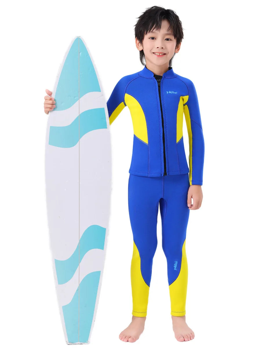 Kids Wetsuit 2pcs/set Top+Bottom 2.5mm Neoprene Jacket+Pants Long Sleeve Front Zipper Swimsuit Keep Warm Swimwear Dinving Suits
